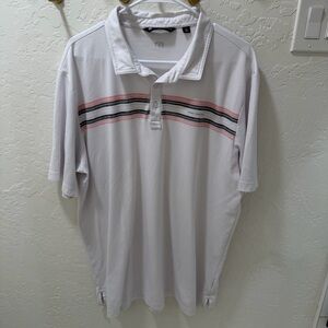 Travis Mathew White Polo with Pink and Black Stripes